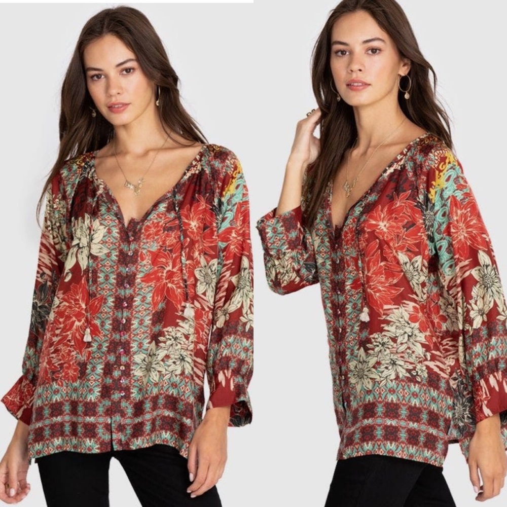 Johnny Was RARE Silk IKAT Aztec Peasant Blouse Size X-Large (16) - Picture 2 of 6